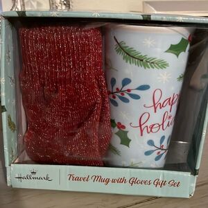 Happy holiday travel mug & cute sparkly mitten gift set